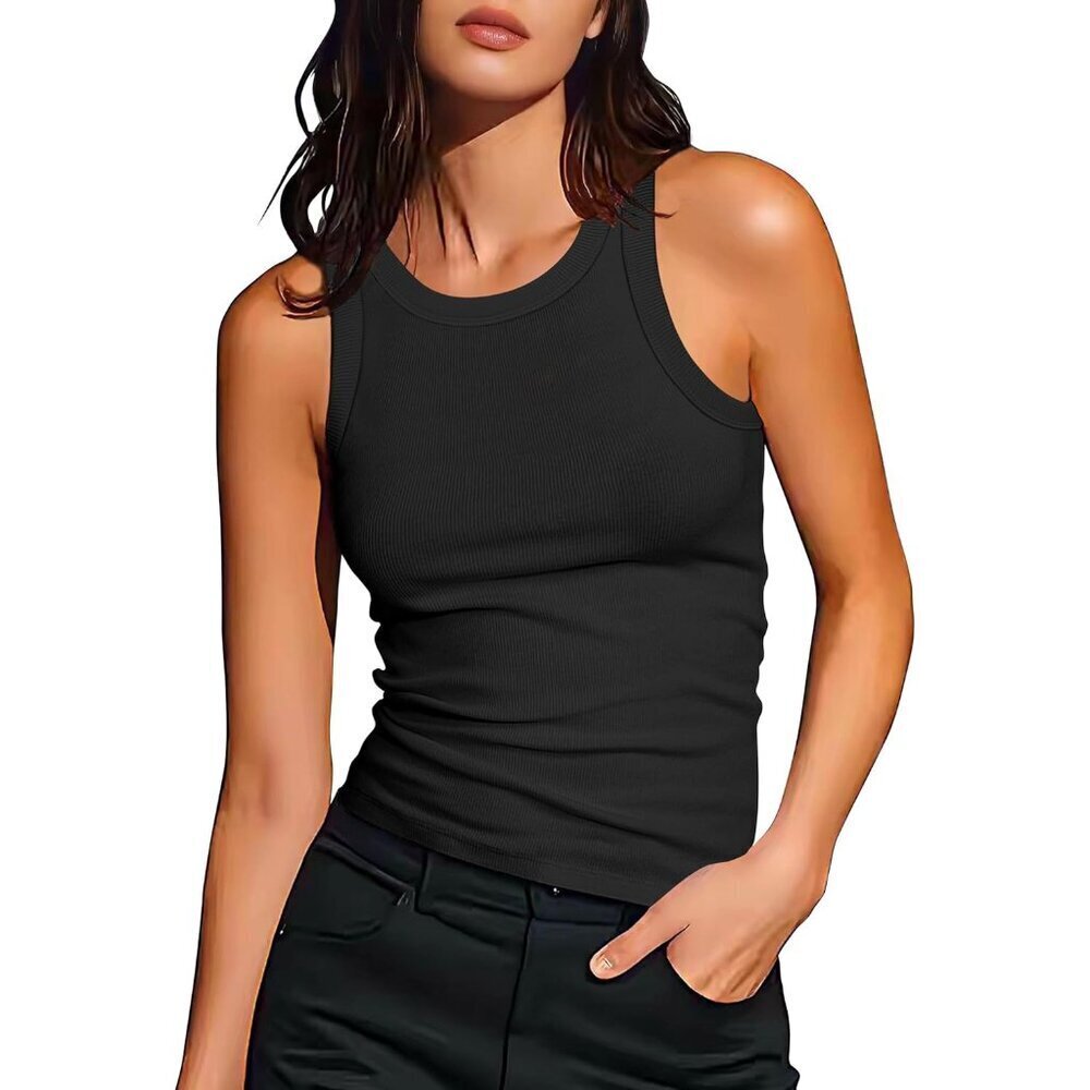 Women's Ribbed Tank Top Cotton Spandex Crew Neck Racerback Fitness Basic